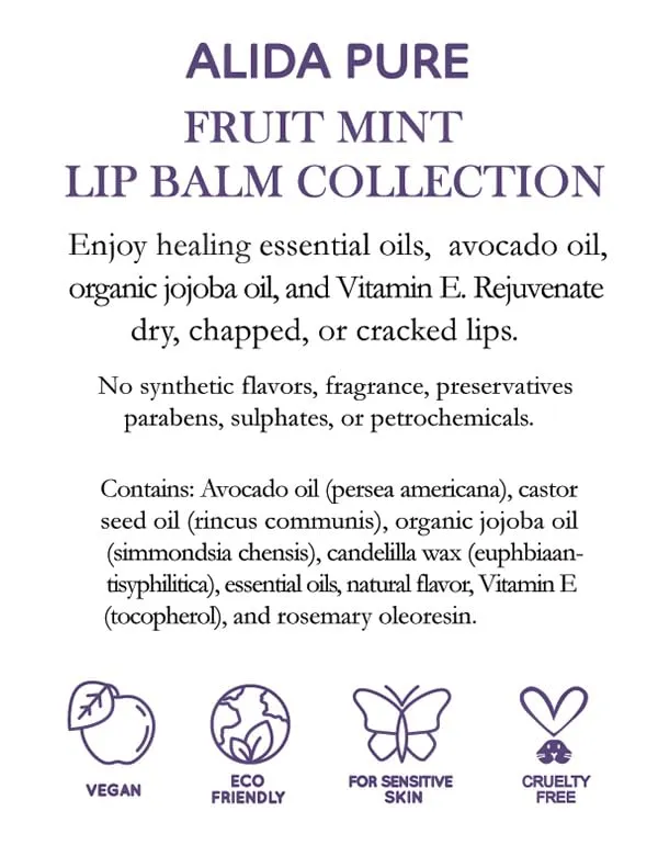 ALIDA PURE Fruit Mint Lip Balm Collection, Vegan Lip Balm Set, Bees Wax Free, Coconut Oil Free, Avocado Oil, Organic Jojoba Oil, Vitamin E, Natural Moisturizer For Dry Cracked Lips, 3 Tube Set