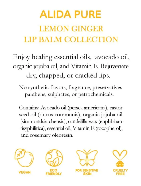 ALIDA PURE Lemon Ginger Lip Balm Collection, Vegan Lip Balm Set, Bees Wax Free, with Avocado Oil, Organic Jojoba Oil, Vitamin E, Natural Moisturizer For Dry, Cracked, or Chapped Lips, 3 Tube Set