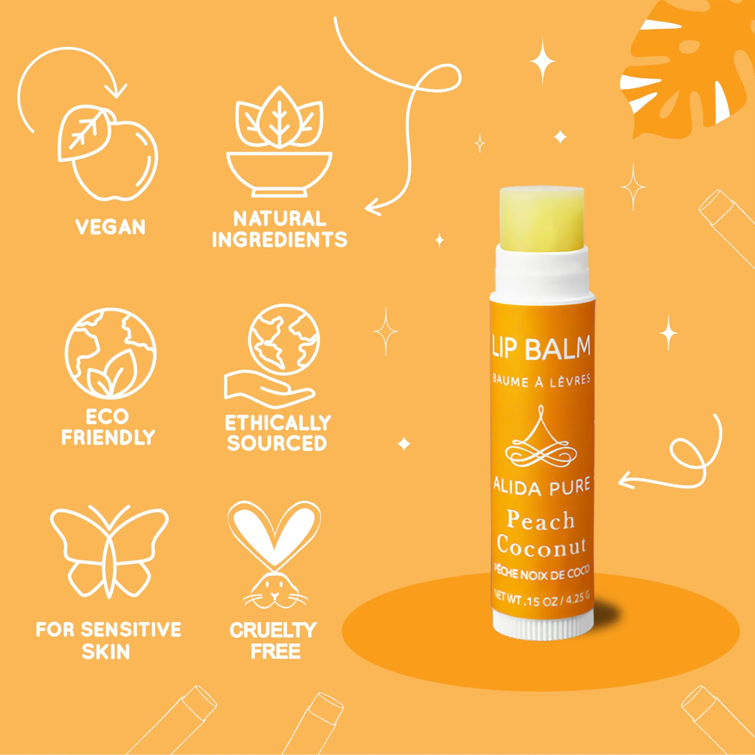 ALIDA PURE Peach Coconut Lip Balm Collection, Vegan Lip Balm Set, Lip Balm, Beeswax Free, with Avocado Oil, Organic Jojoba Oil, and Vitamin E, Natural Moisturizer for Dry, Chapped Lips, 3 Tube Set