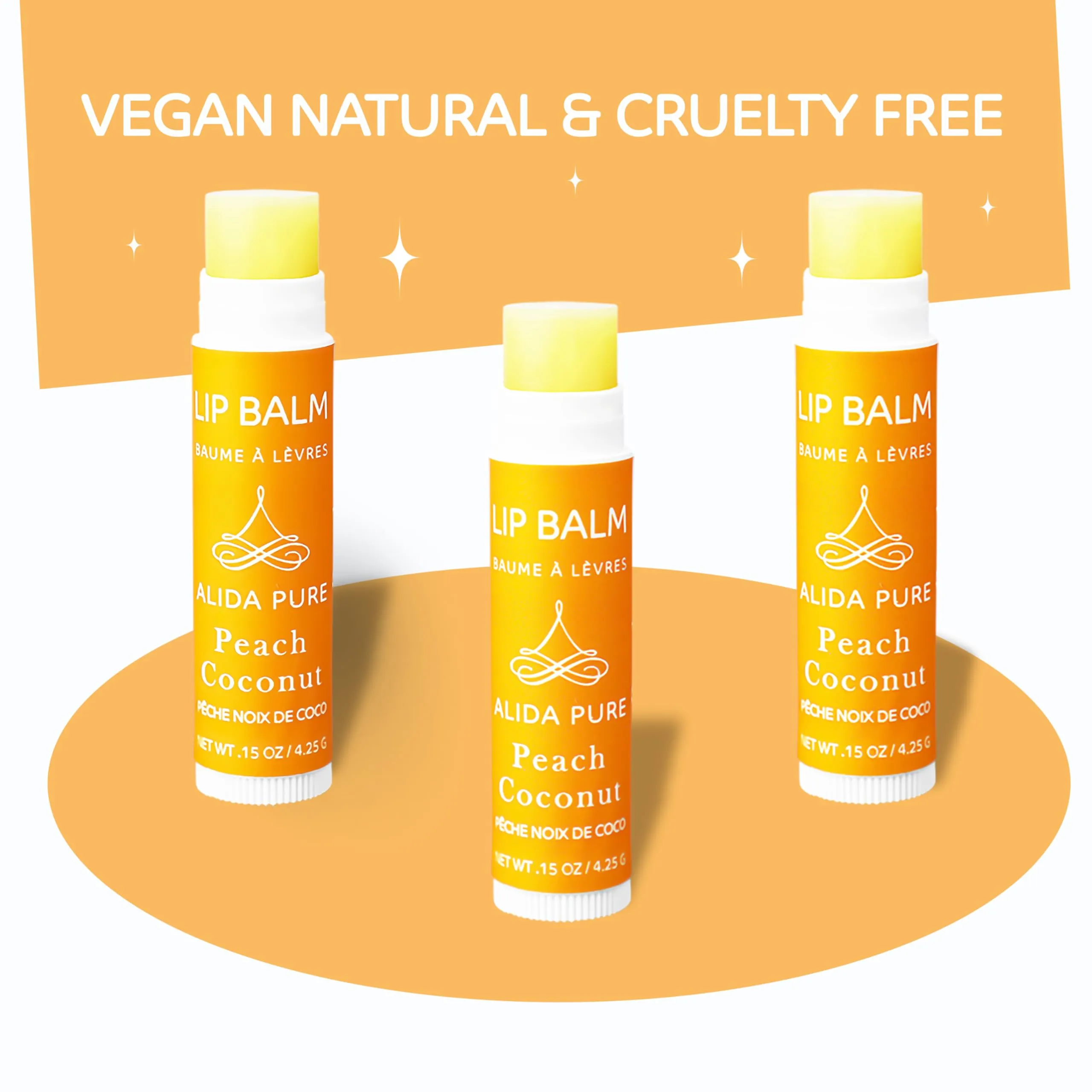 ALIDA PURE Peach Coconut Lip Balm Collection, Vegan Lip Balm Set, Lip Balm, Beeswax Free, with Avocado Oil, Organic Jojoba Oil, and Vitamin E, Natural Moisturizer for Dry, Chapped Lips, 3 Tube Set