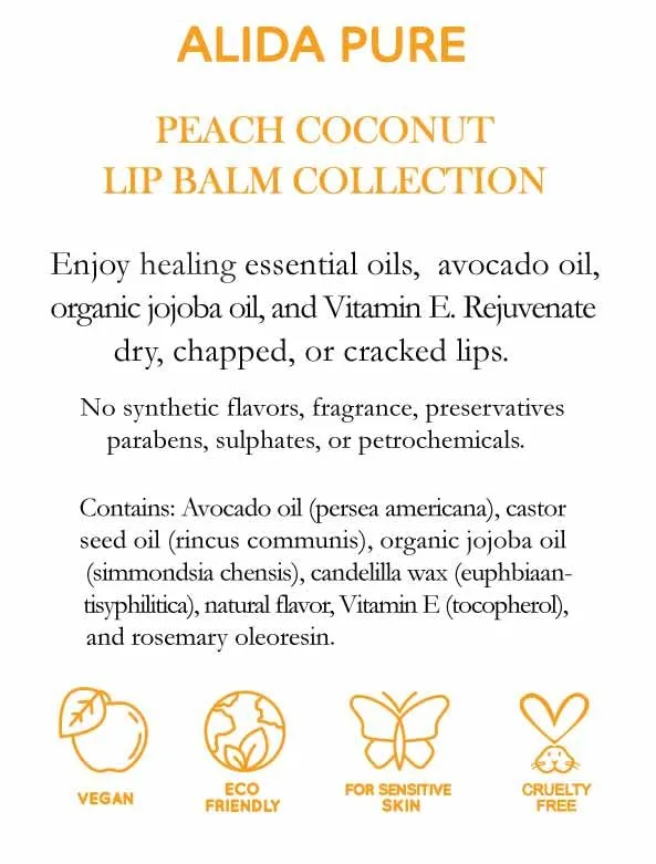 ALIDA PURE Peach Coconut Lip Balm Collection, Vegan Lip Balm Set, Lip Balm, Beeswax Free, with Avocado Oil, Organic Jojoba Oil, and Vitamin E, Natural Moisturizer for Dry, Chapped Lips, 3 Tube Set