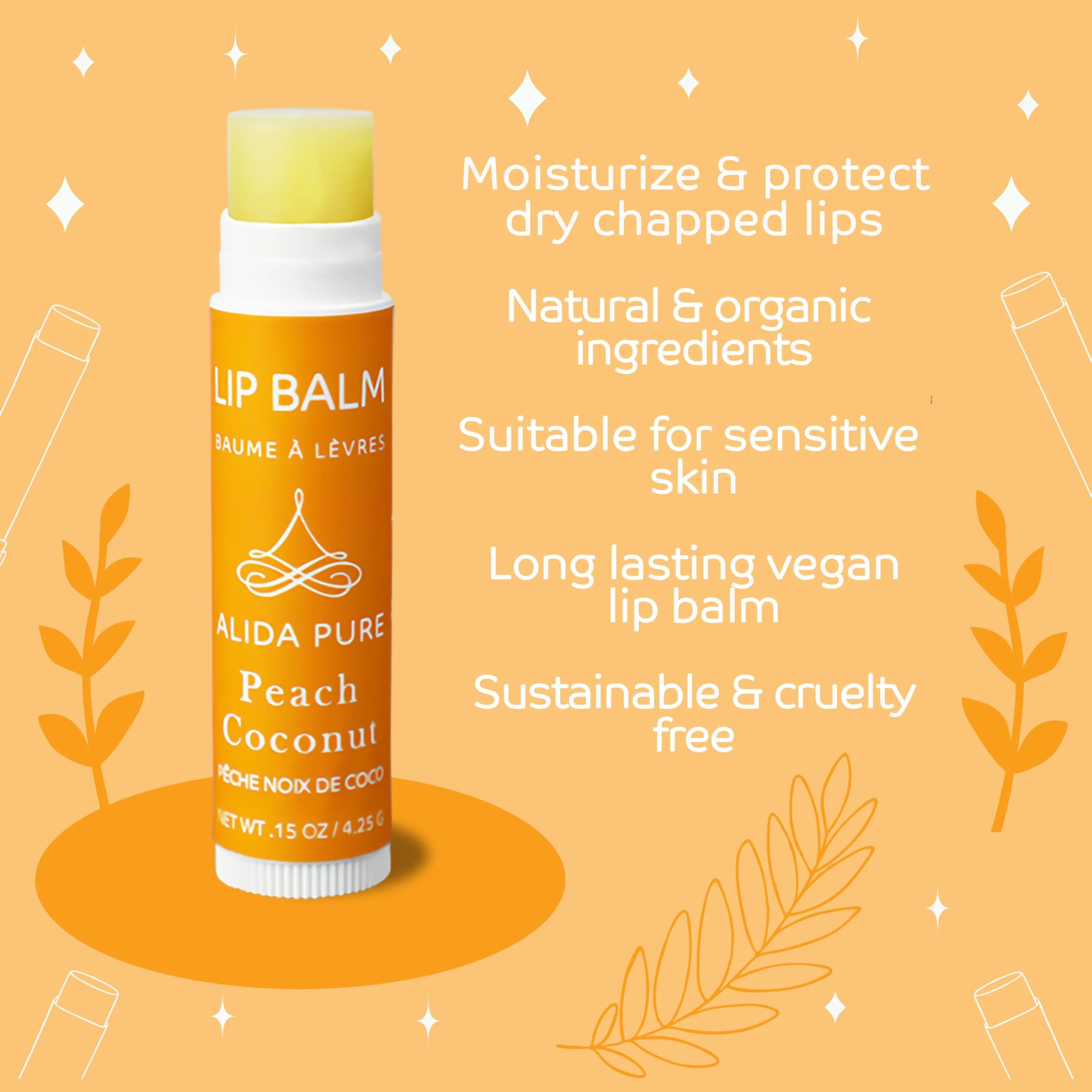 ALIDA PURE Peach Coconut Lip Balm Collection, Vegan Lip Balm Set, Lip Balm, Beeswax Free, with Avocado Oil, Organic Jojoba Oil, and Vitamin E, Natural Moisturizer for Dry, Chapped Lips, 3 Tube Set
