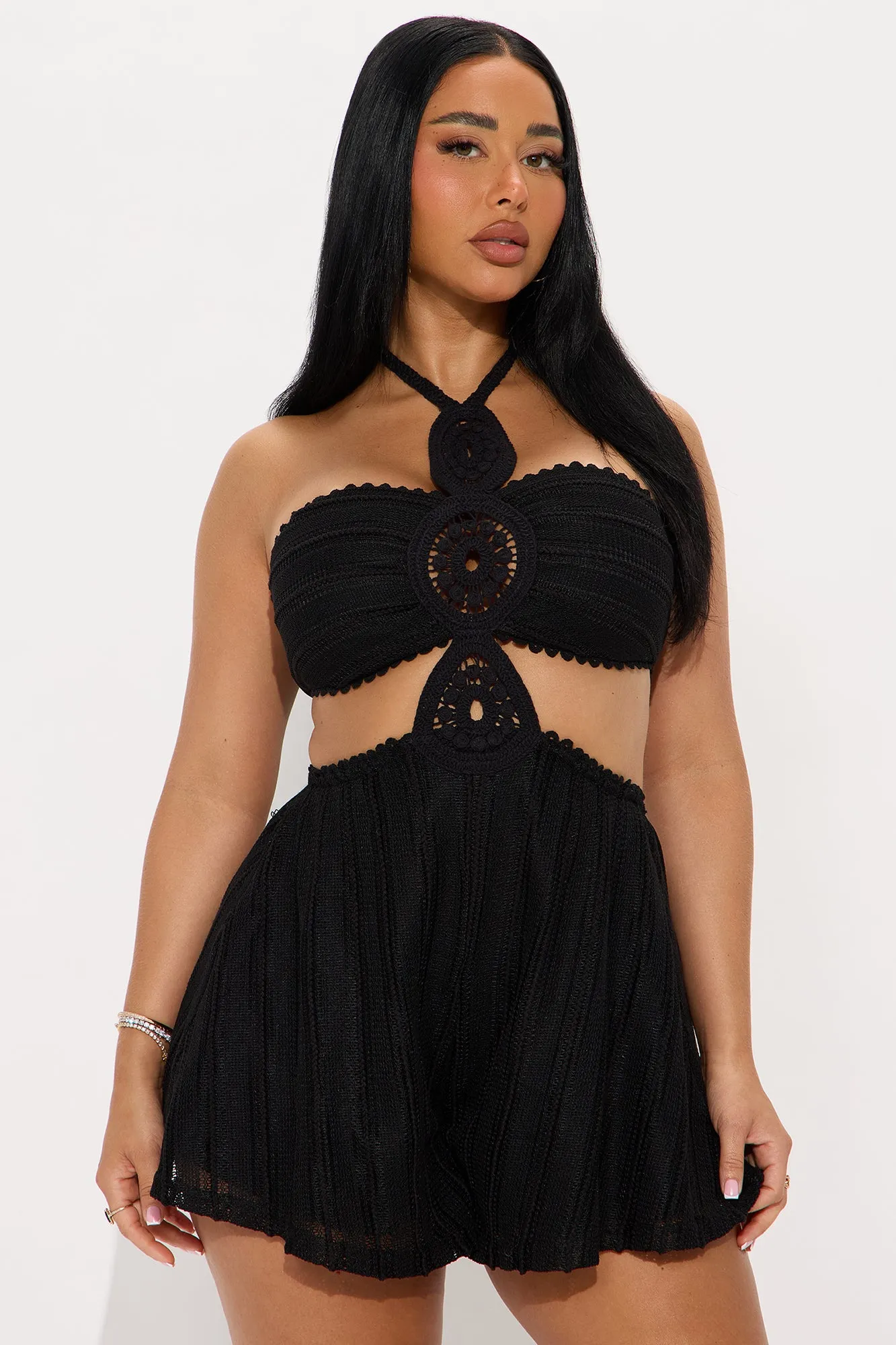 Amberlyn Crochet Halter Romper - Black