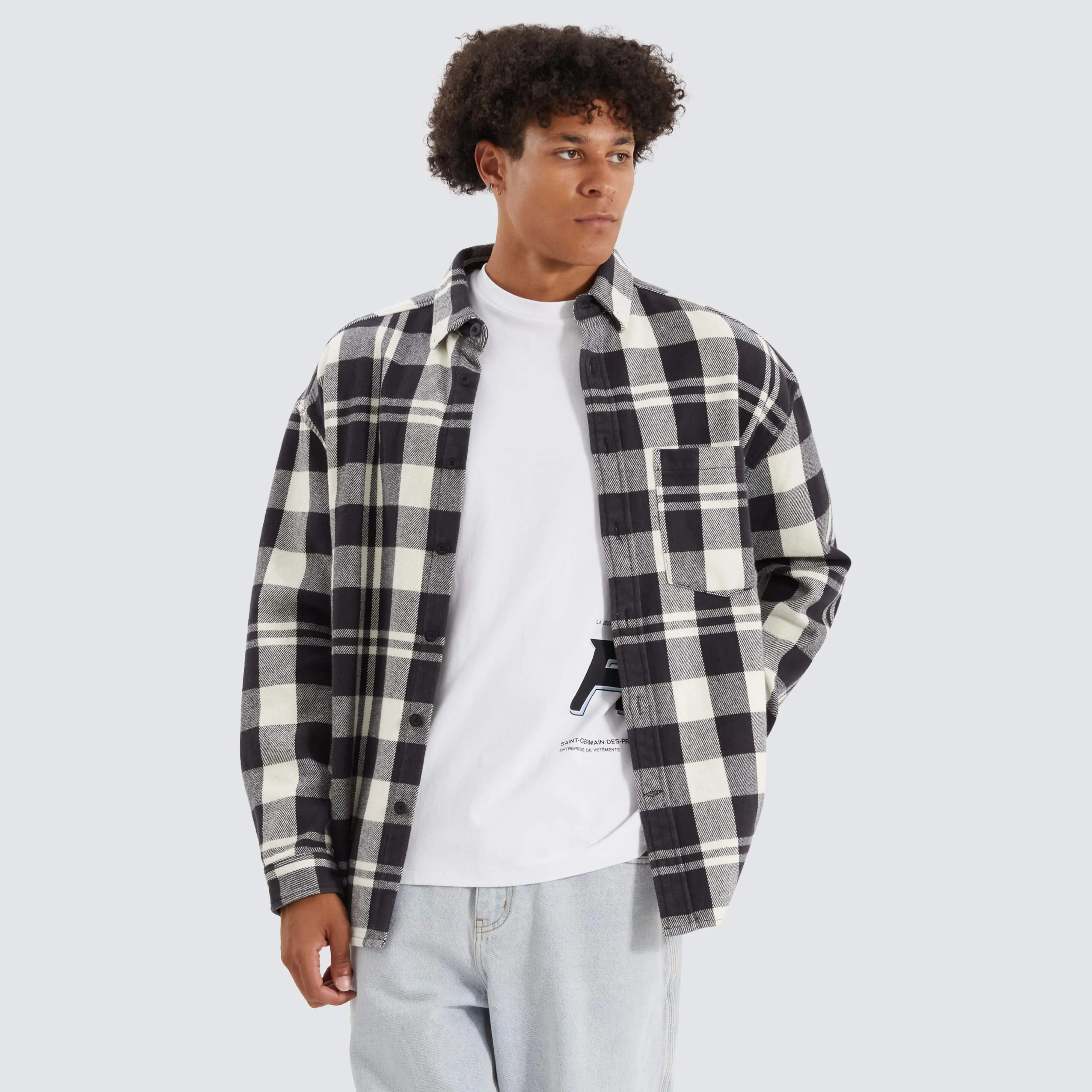 Neihart Relaxed Drop Shoulder Long Sleeve Shirt Cream/Black Check