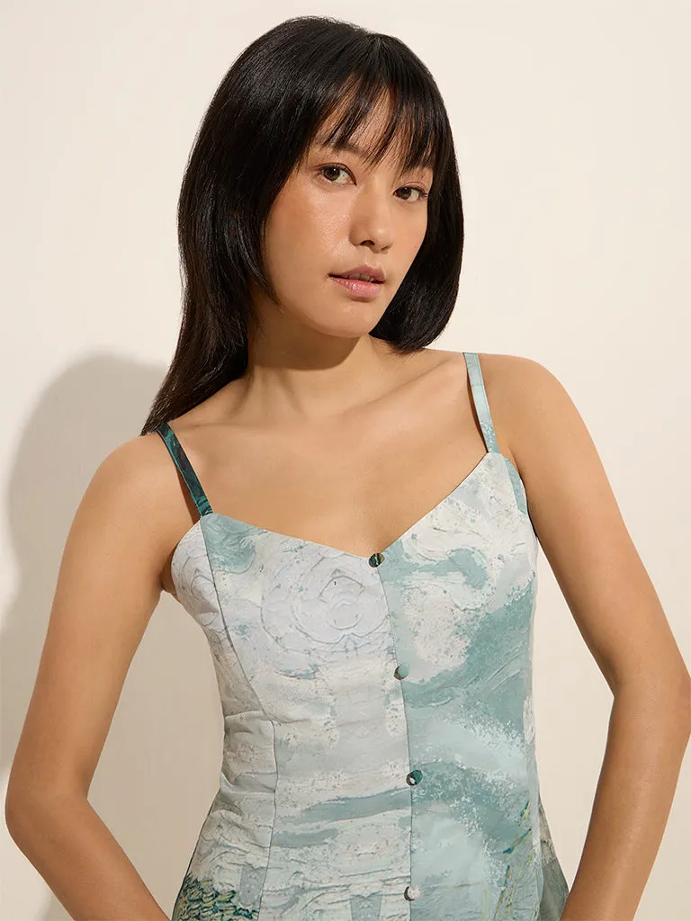 Nuon Teal Scenic-Printed A-Line Dress
