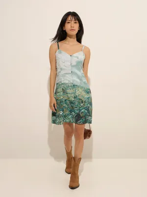Nuon Teal Scenic-Printed A-Line Dress