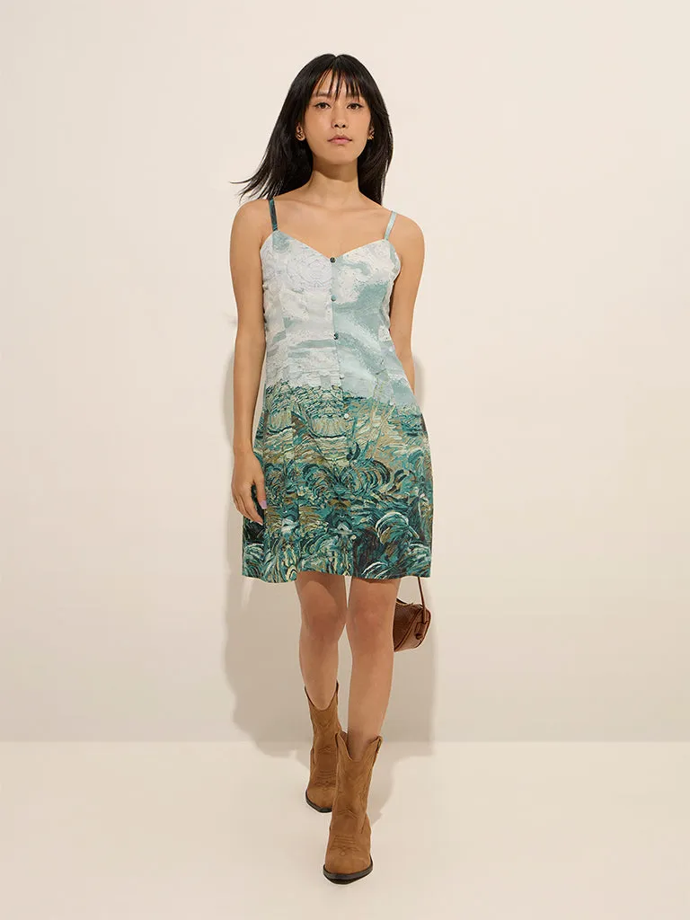 Nuon Teal Scenic-Printed A-Line Dress