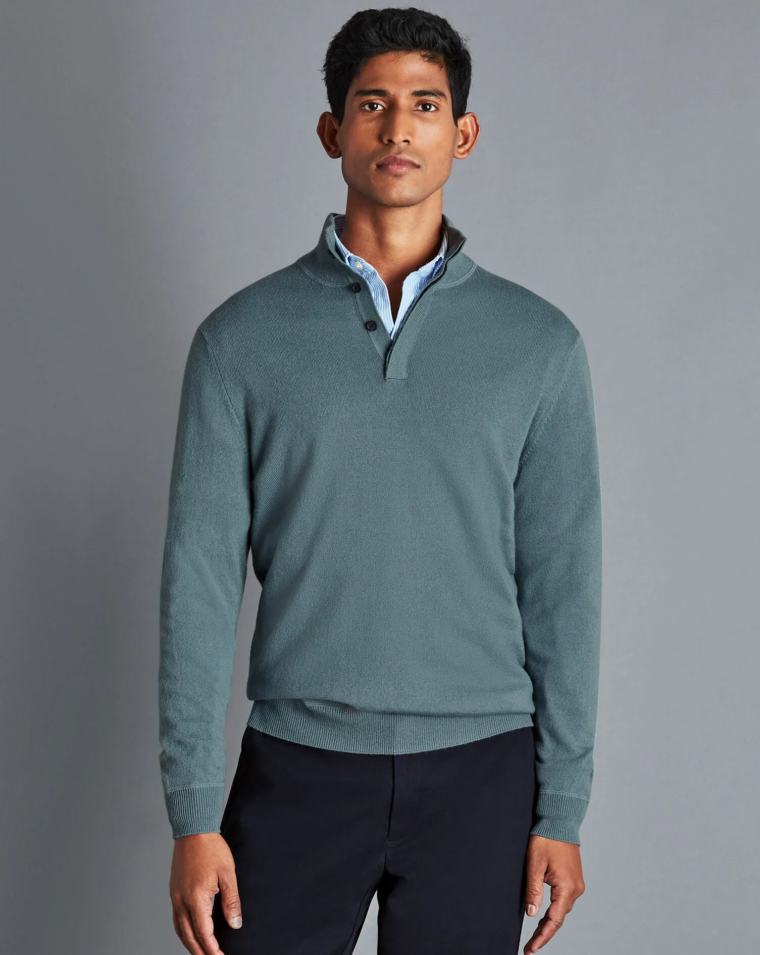 Pale Teal Green Merino/Cashmere Button Neck Jumper