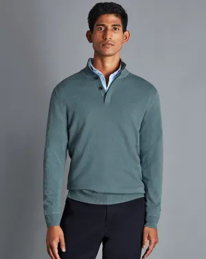 Pale Teal Green Merino/Cashmere Button Neck Jumper